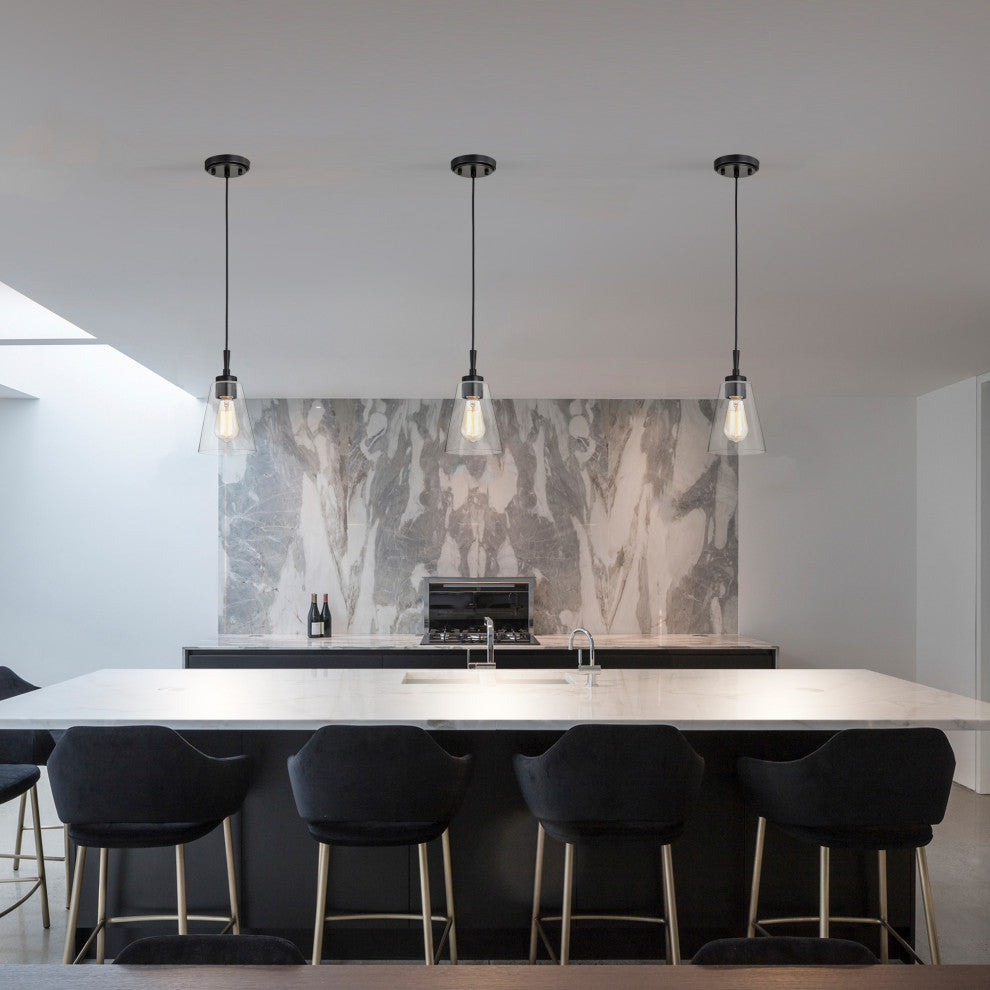 Briarwood 1-Light Matte Black Modern Pendant With Clear Cone Glass Shade
