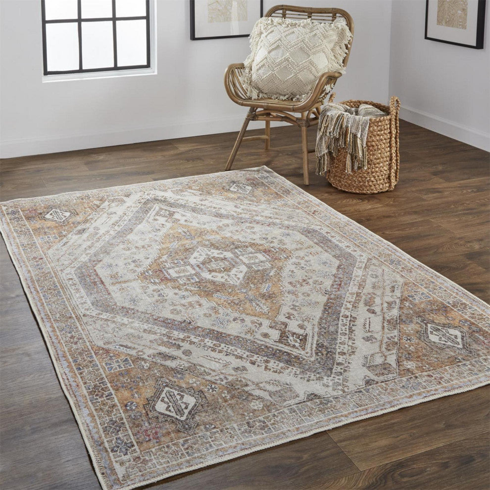 Weave & Wander Prescott Transitional Medallion, Ivory/Orange/Brown, 9'2"x12'