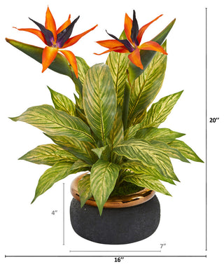 20" Bird of Paradise and Musa Leaf Artificial Arrangement, Stoneware Bowl