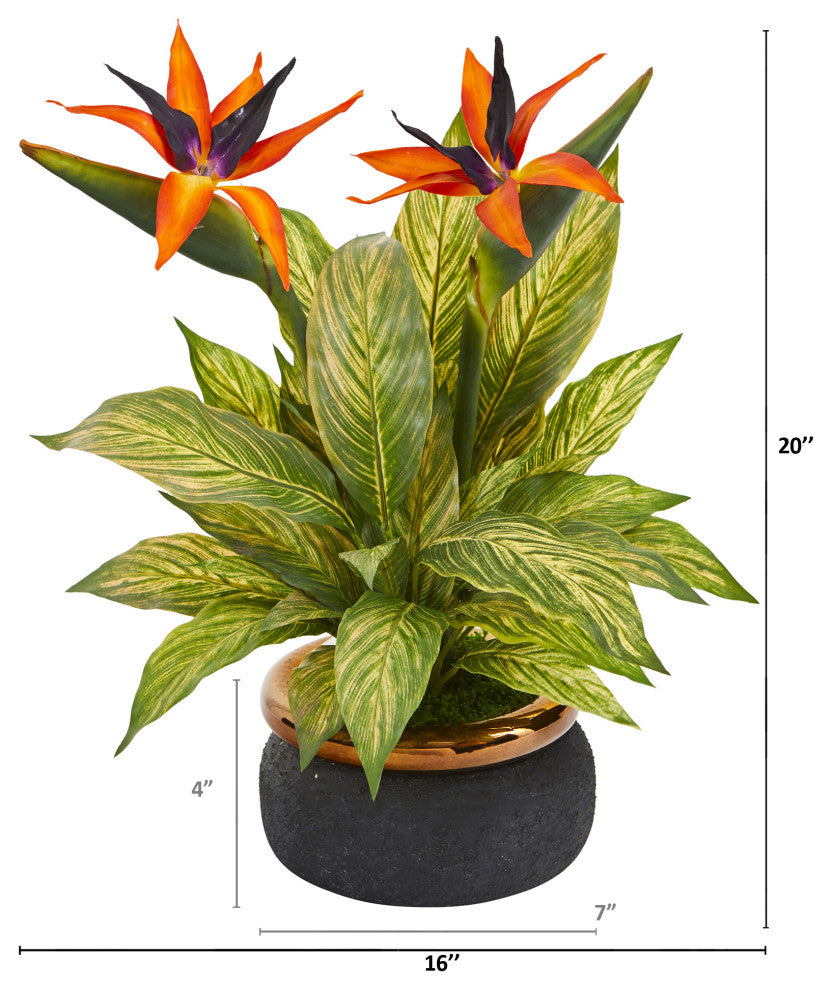 20" Bird of Paradise and Musa Leaf Artificial Arrangement, Stoneware Bowl