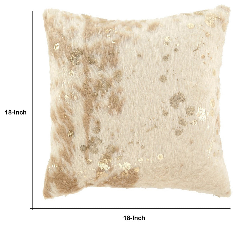 Benzara BM231906 Faux Fur Pillow With Zipper Closure, 4-Piece Set, Cream & Gold