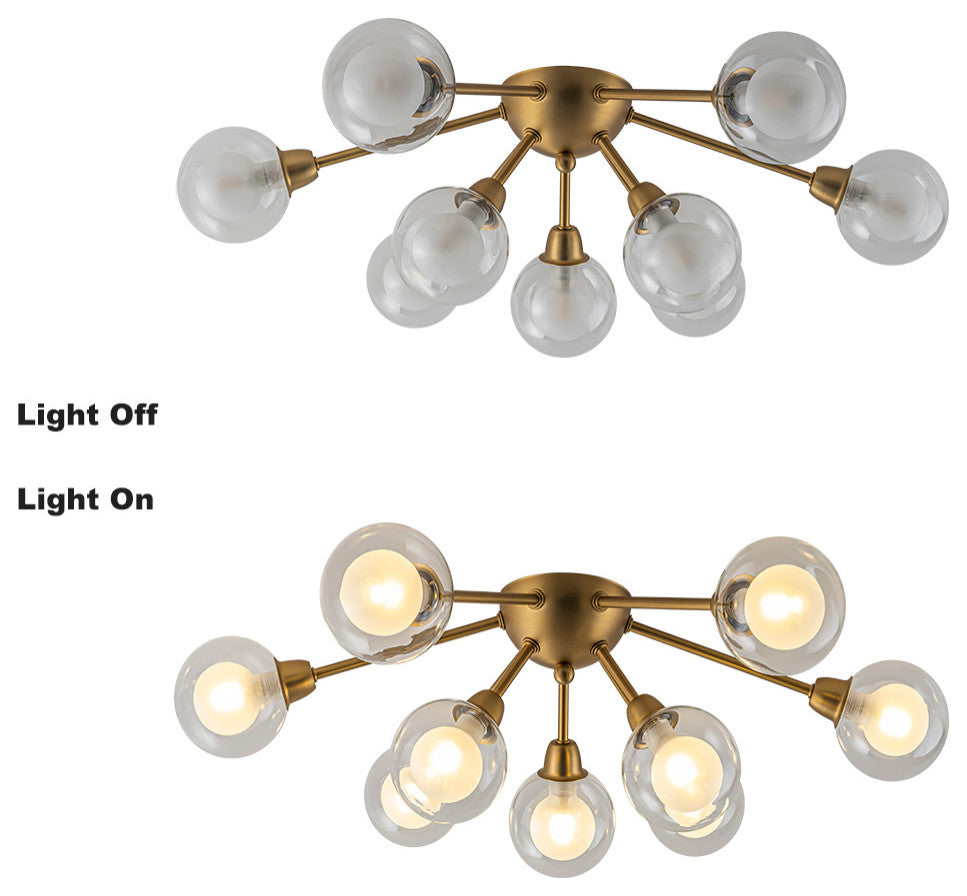 Mid-Century 9-Light Double Layer Glass Sputnik Semi Ceiling Light, Brass