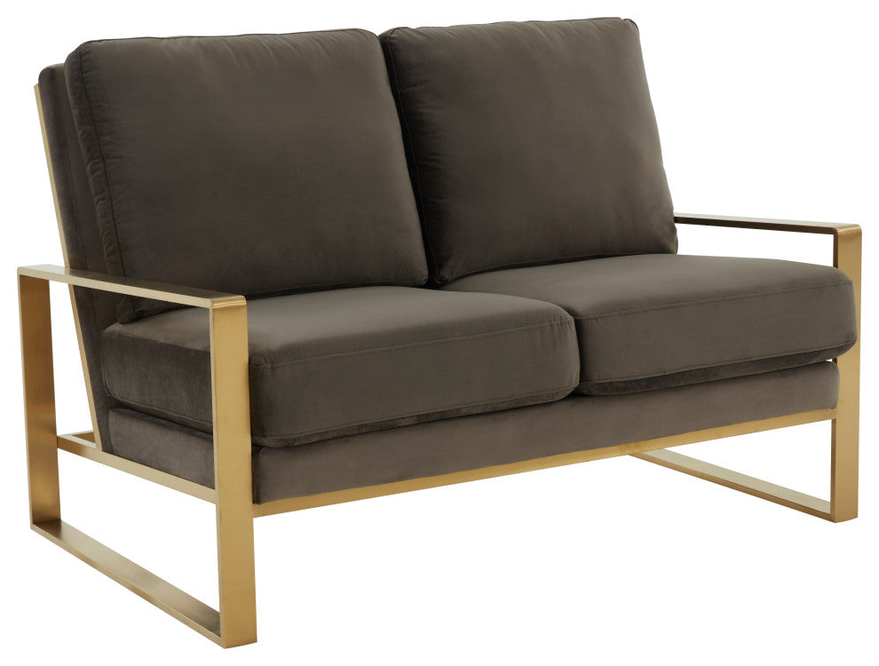 LeisureMod Jefferson Modern Design Velvet Loveseat With Gold Frame, Dark Gray