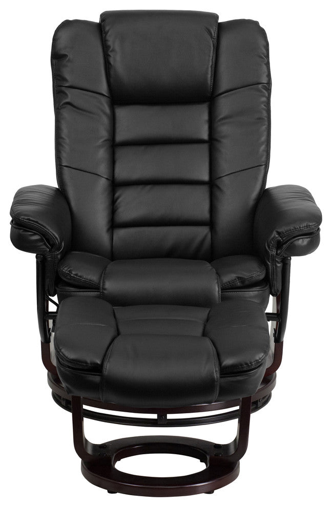 Black Leather Recliner and Ottoman With Swiveling Mahogany Wood Base