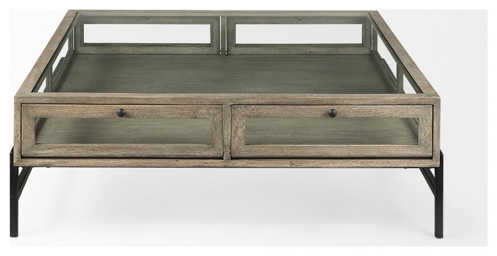 Arelius 42L x 42W x 15H Gray Wood W/ Black Metal Base Square  Coffee Table, Gray