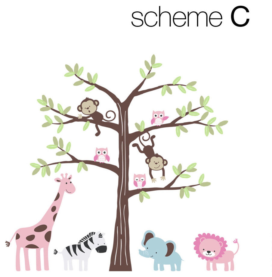 Safari Tree with Cute Animals Wall Decal, Scheme C