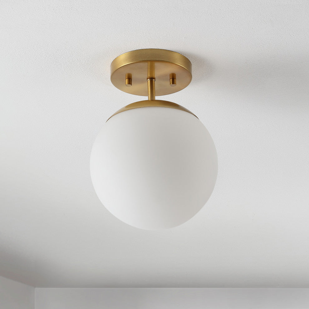 Marcel Bistro 7.75" 1-Light Bohemian Farmhouse LED Semi Flush Mount, Brass/White