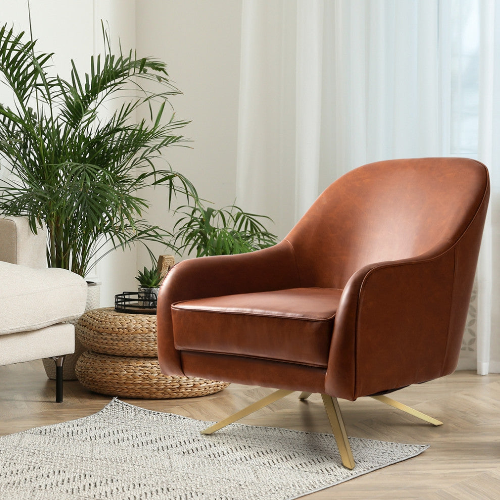 Fabric Accent Chair Swivel-Base Upholstered Armchair With Memory Foam, Brown