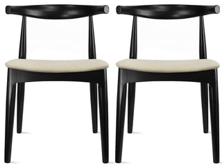 Set of 2 Modern Wooden Dining Chairs, PU Leather or Beige Fabric Seat, Black/Beige, Unassembled