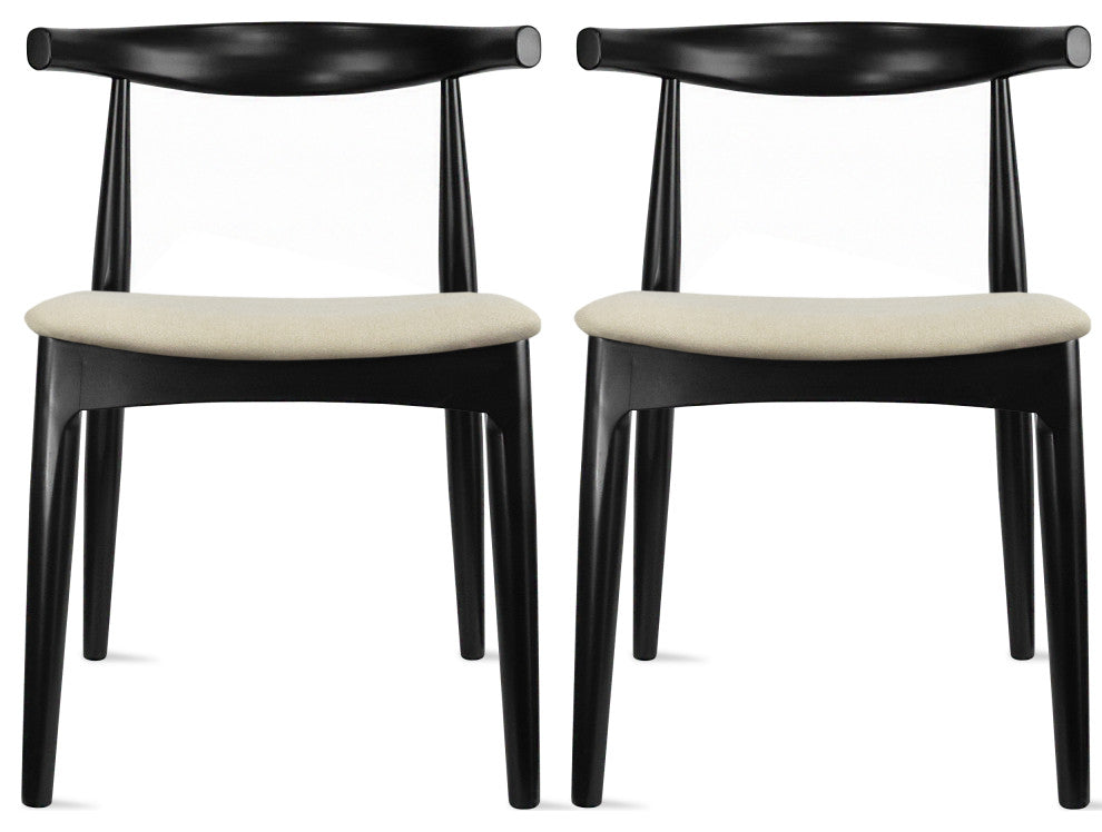 Set of 2 Modern Wooden Dining Chairs, PU Leather or Beige Fabric Seat, Black/Beige, Unassembled