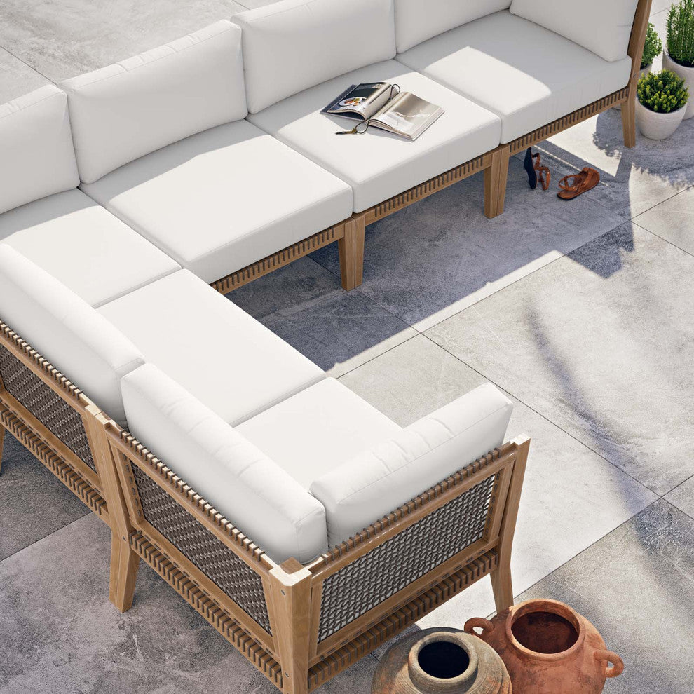 Clearwater Outdoor Patio Teak Wood 6-Piece Sectional Sofa, Gray White