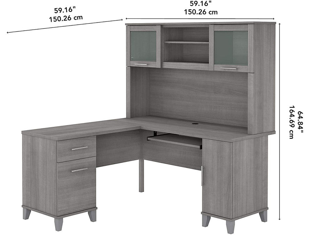 Transitional Desk, L-Shaped With Hutch, Perfect for Space Saving, Platinum Grey