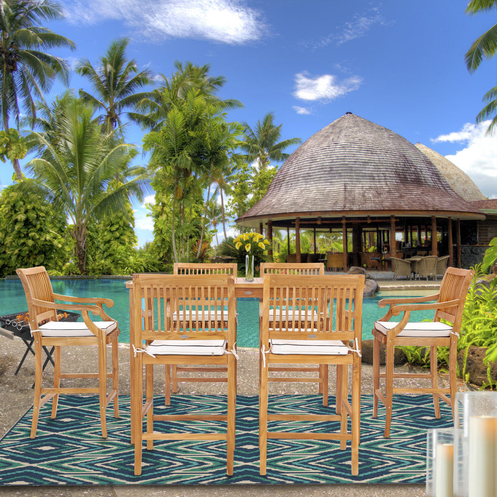 7 Piece Teak Wood Castle 63" Rectangular Bistro Bar Set, 6 Barstools with Arms