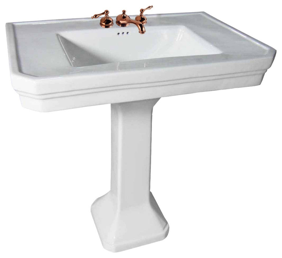 White Large Vitreous Victorian Pedestal Sink with 8" Widespread Rose Gold Fauce
