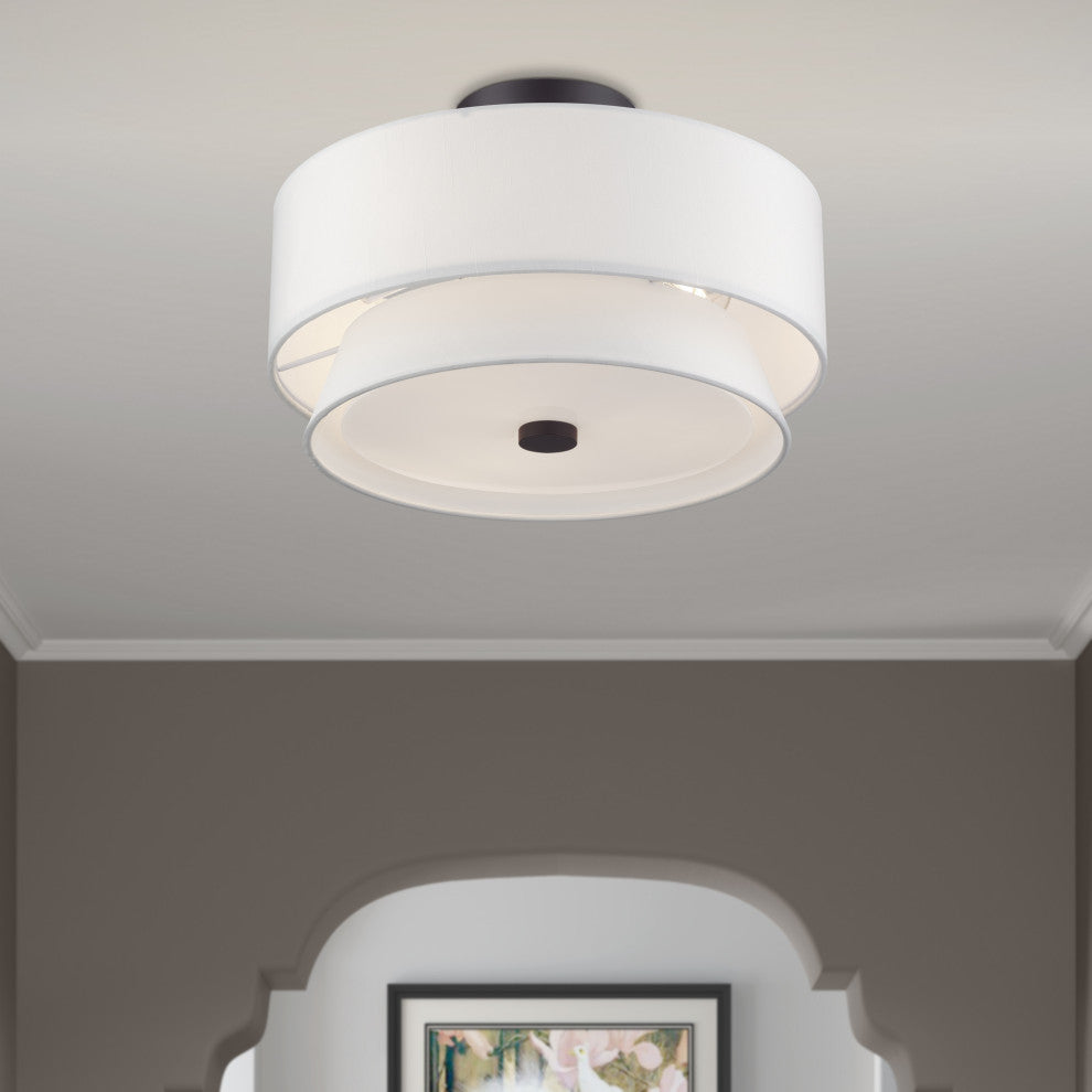 Fontana 3 Light Bronze Large Semi-Flush with Hand Crafted Off-White Shades