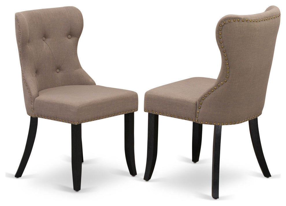 Set Of 2, Dining Chair- Upholstered, Black Wooden Frame, Coffee Seat