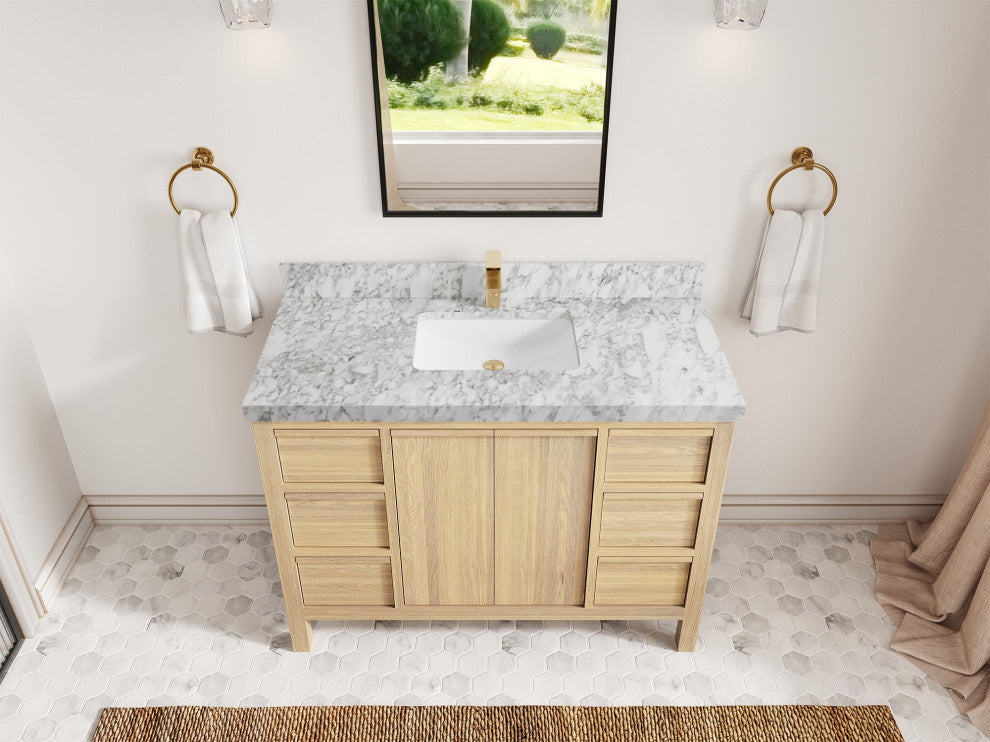 Elizabeth Oak 48" Single Sink Vanity, White 2" Carrara Marble