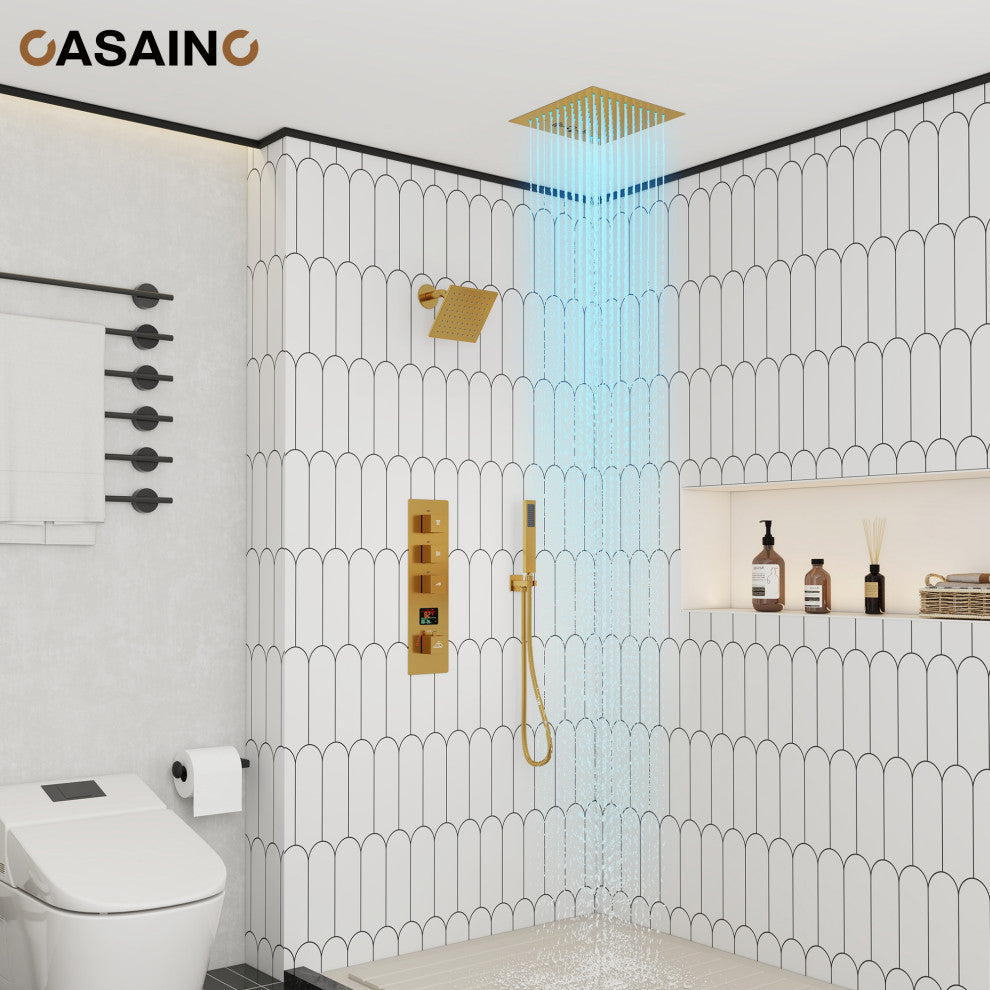 12inch Luxury Shower Dual Shower Head System With LED Light and Bluetooth, Brushed Gold