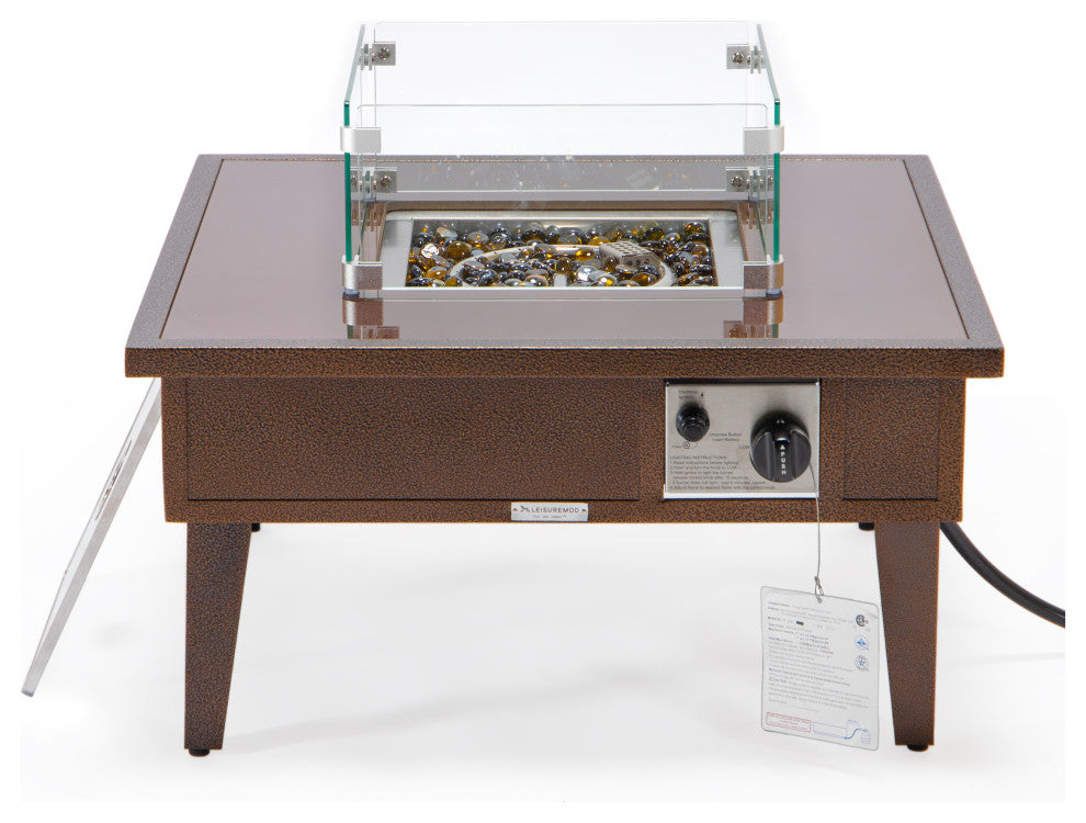 Leisuremod Walbrooke Patio Square Fire Pit Table With Aluminum Frame, Brown