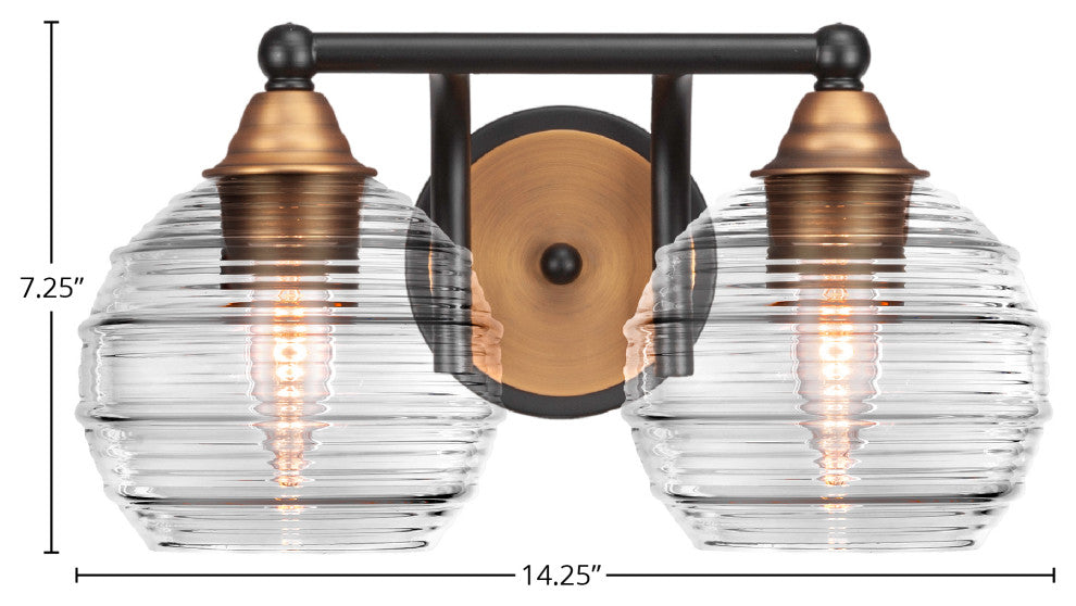 Paramount 2-Light Bath Bar, Matte Black & Brass, 6" Clear Ribbed Glass