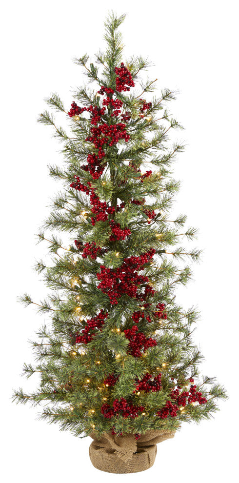 4' Berry and Pine Faux Xmas Tree W/ 100 Warm White Lights & Burlap Wrapped Base