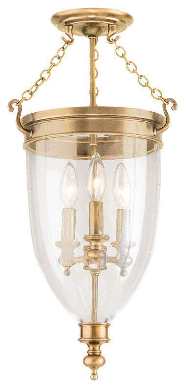 Hanover, Three Light 21-inch Semi Flush, Aged Brass Finish, Clear Glass Shade