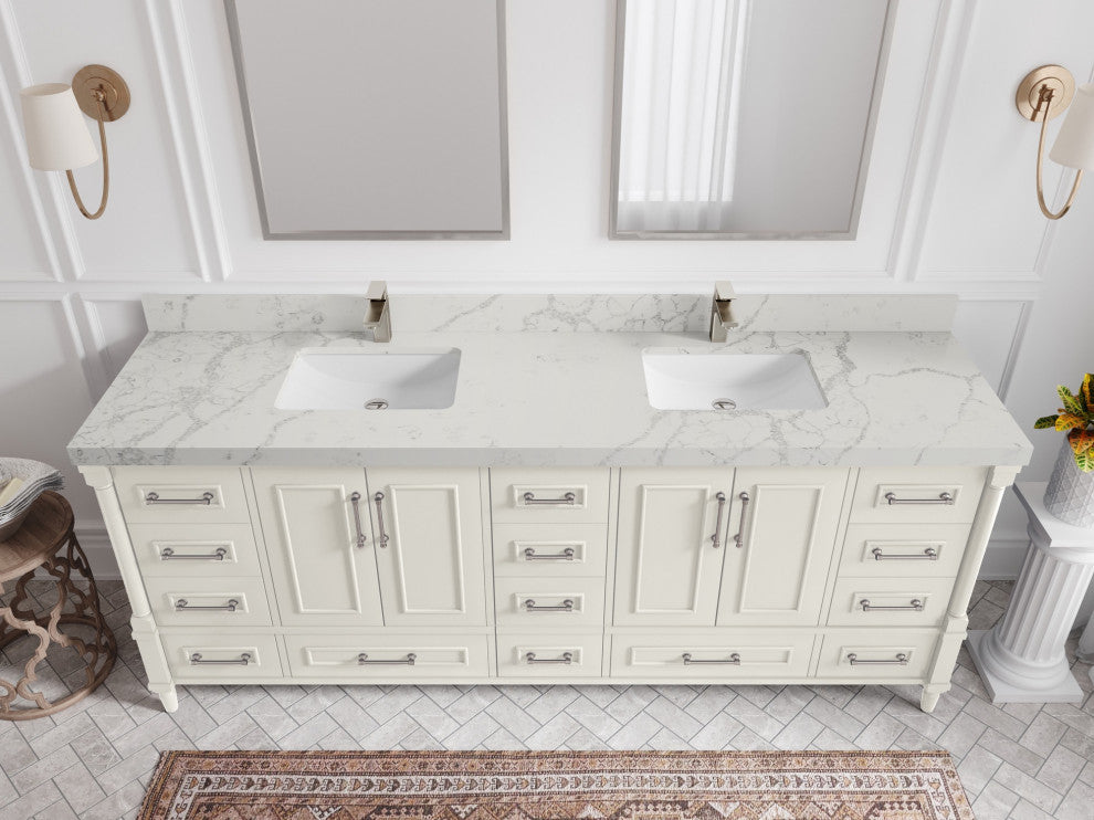 Aberdeen 84" Double Sink Bath Vanity, Alabaster 2" Venatino Quartz
