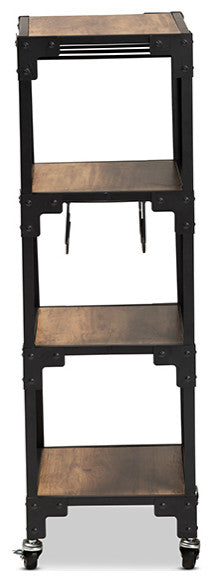 Industrial Rustic Walnut Finished Wood and Black Metal 4-Tier Mobile Wine Cart