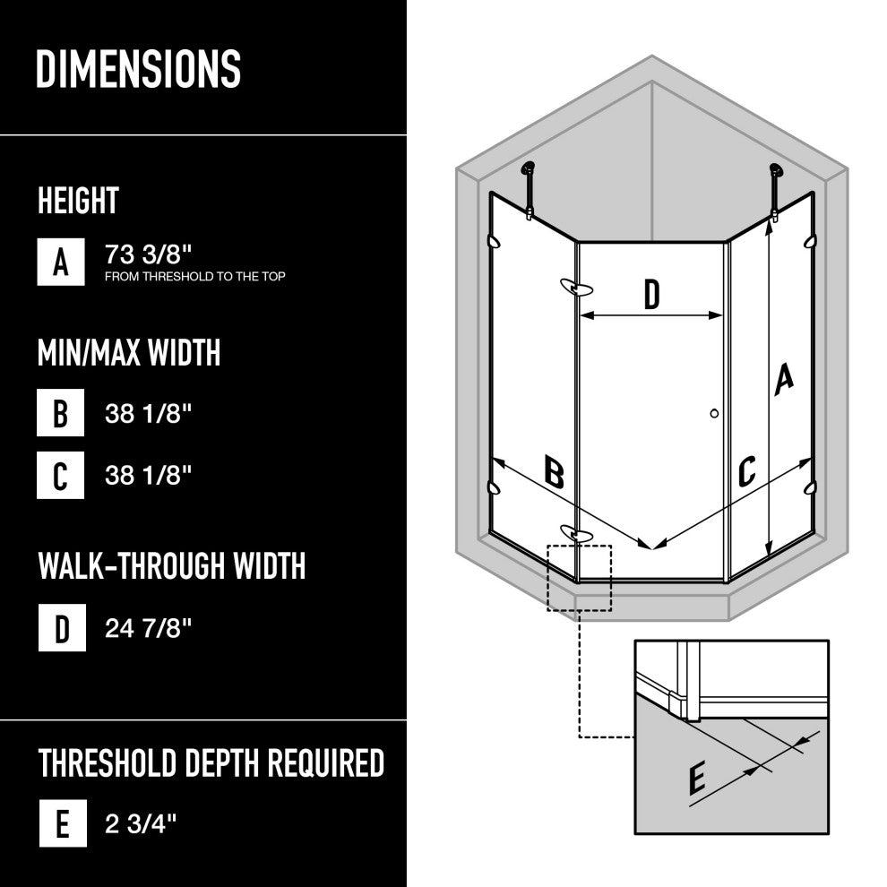 VIGO Verona Frameless Hinged Neo-Angle Shower Enclosure, Brushed Nickel, 40" D X 40" W, High Base
