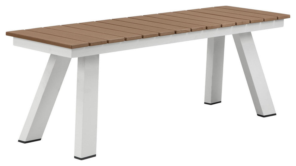 Benzara BM287732 Zia 54" Outdoor Dining Bench, Brown Polyresin Top, White