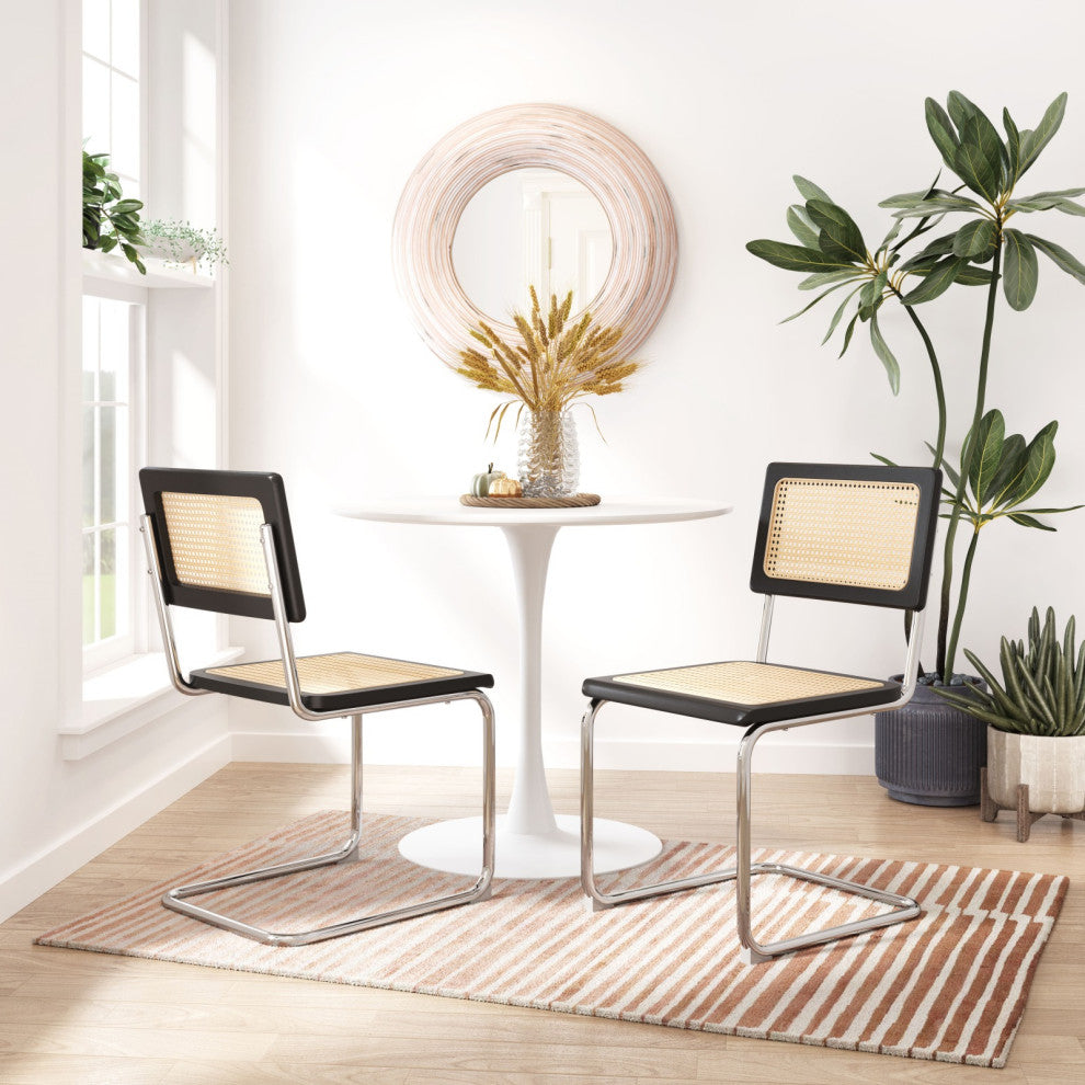 Dining Chair, Set of 2, Steel Metal, Wood, Natural, Black, Chrome, Mid Century