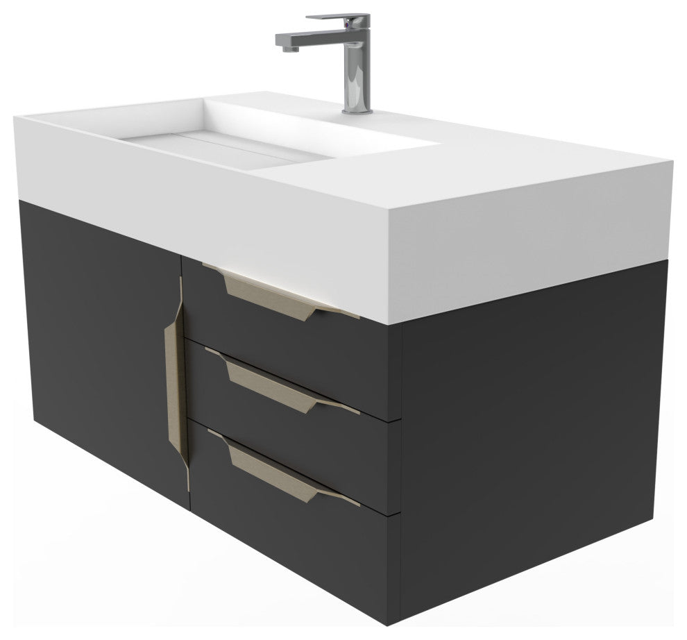 CastelloUSA Amazon 36" Wall Mount Vanity Set, Black, White Top, Gold Handles
