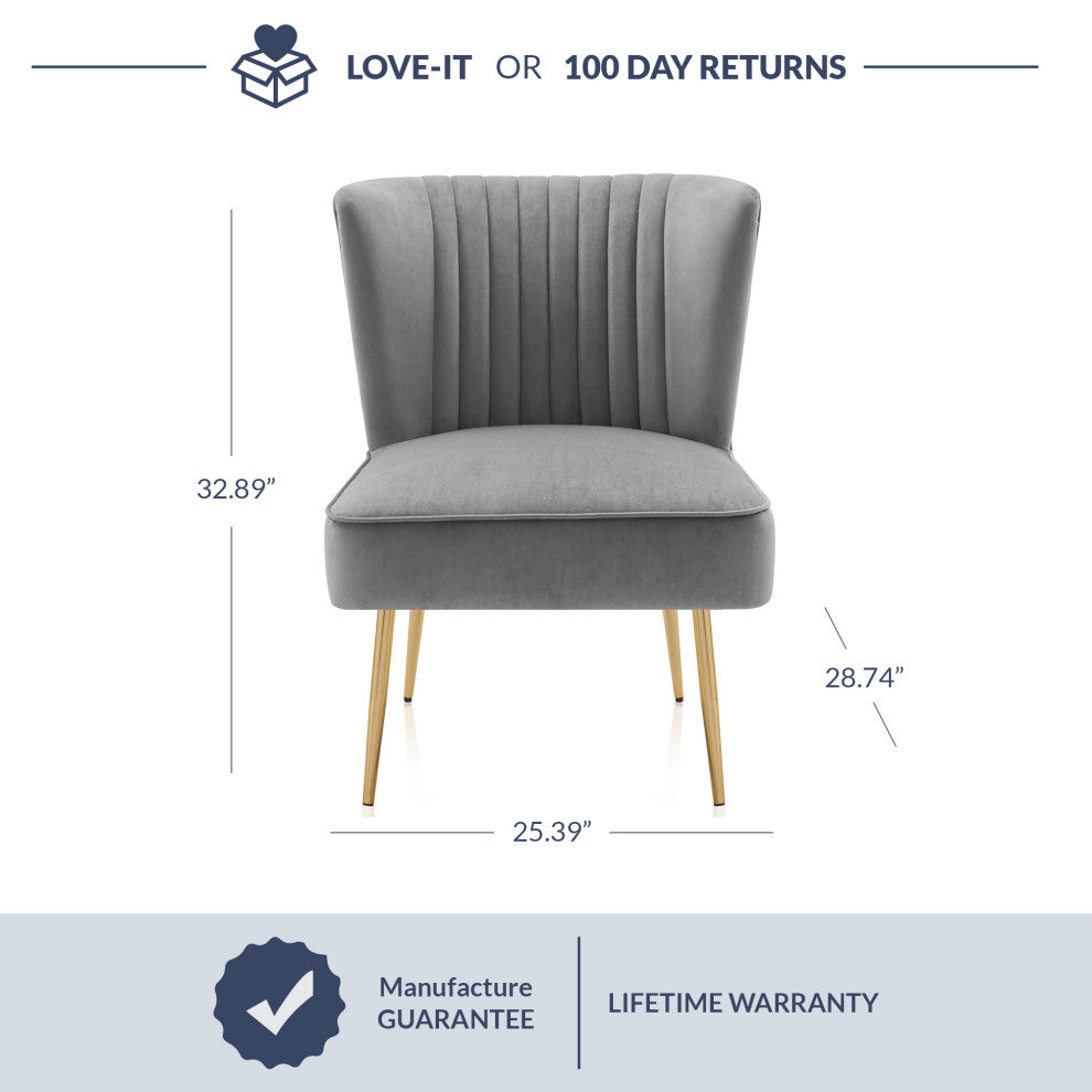 Modern Velvet Accent Chair With Metallic Legs And Channel Tufting, Gray