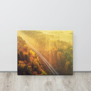 Sunrise Railroad Misty Forest Golden Haze Landscape Photo Canvas Art Print, 16" X 20"