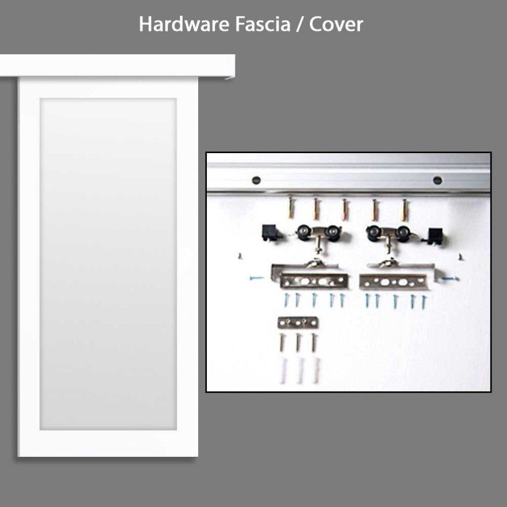 White Primed Mirror Sliding Barn Door with Hardware Kit., Hardware With Fascia, 32"x81" Inches, 1x Mirror One-Side