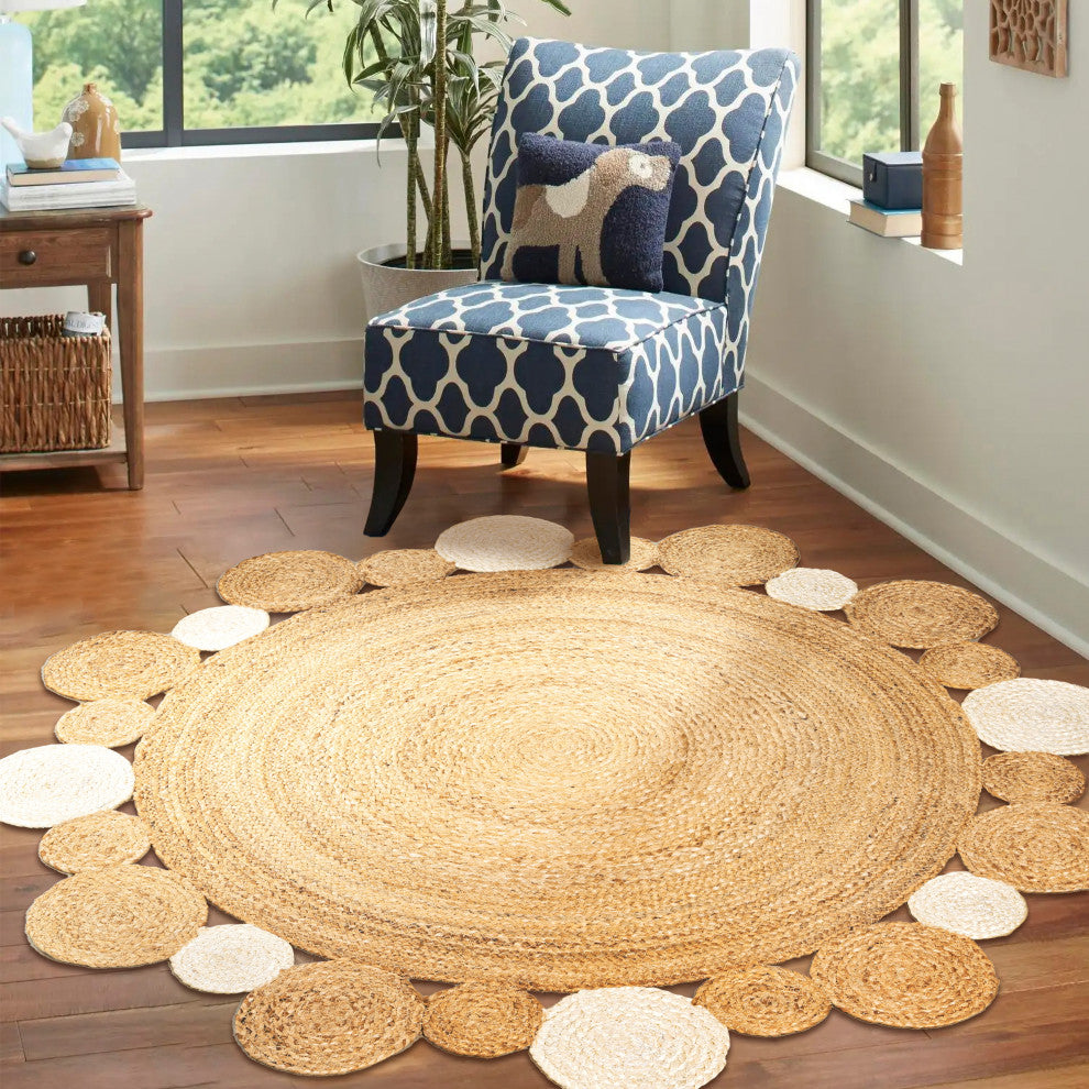 Ayana Two-Tone Jute Hippy Circle Round Area Rug, Natural/Cream, 6' Round