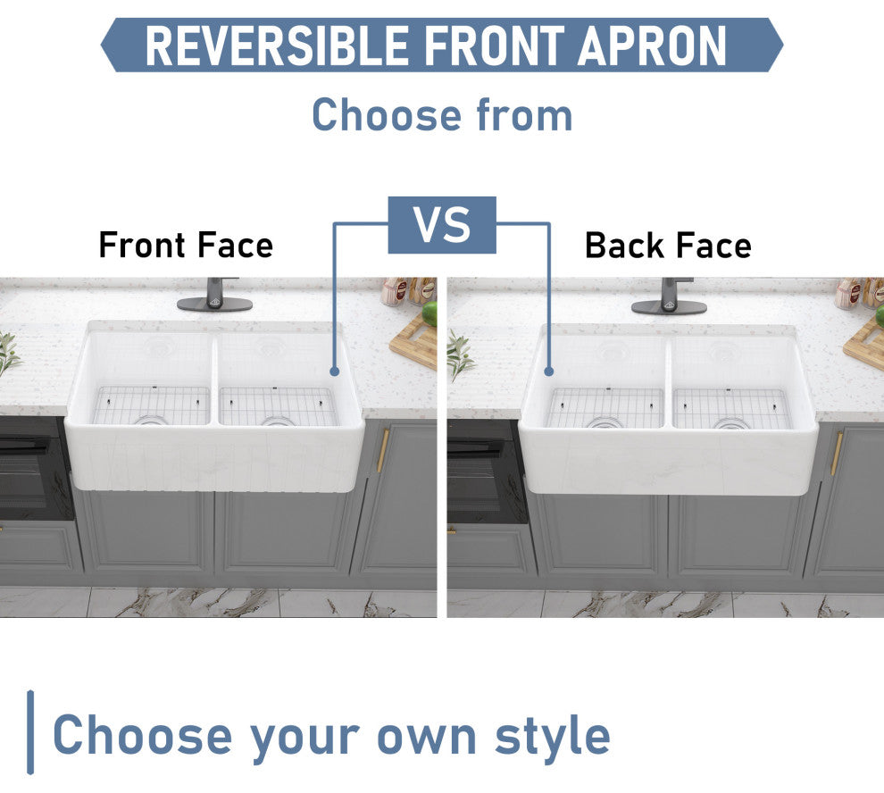 33in Double Bowl Fireclay Farmhouse Apron Kitchen Sink with Striped Design, Glossy White