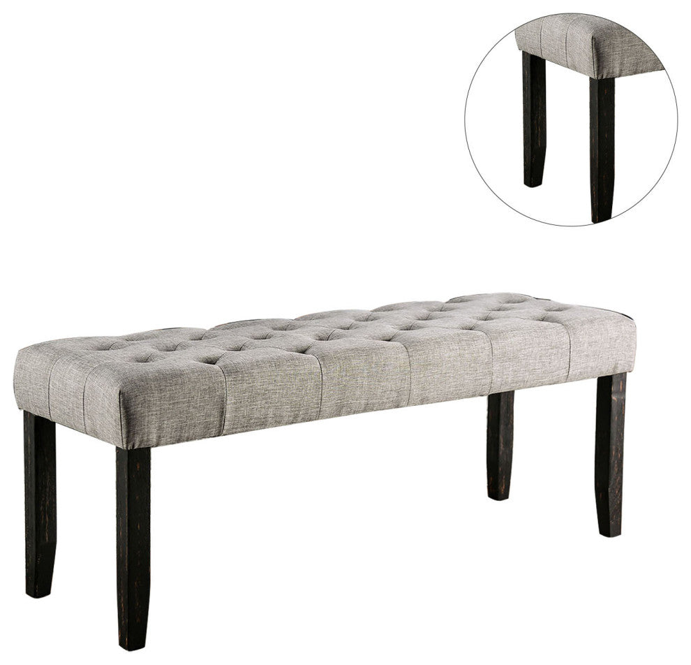 Fabric and Wood Dining Bench, Antique Black and Light Gray
