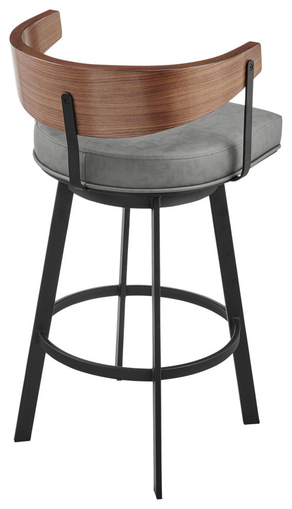 Lacey Swivel Stool, Black/Walnut Finish & Gray Faux Leather, Bar, 30"
