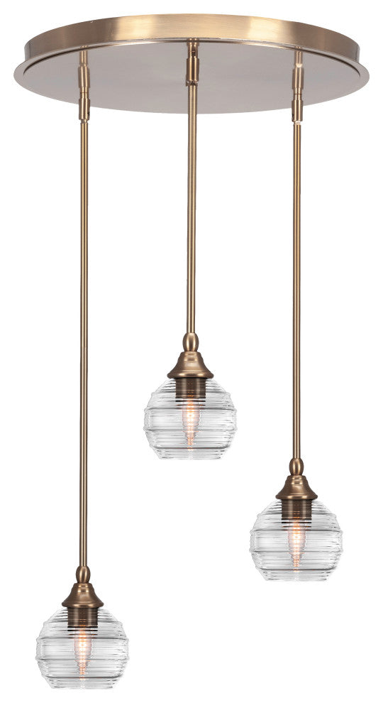 Empire 3 Light Cluster Pendalier In New Age Brass Finish With 6" Clear Ribbed