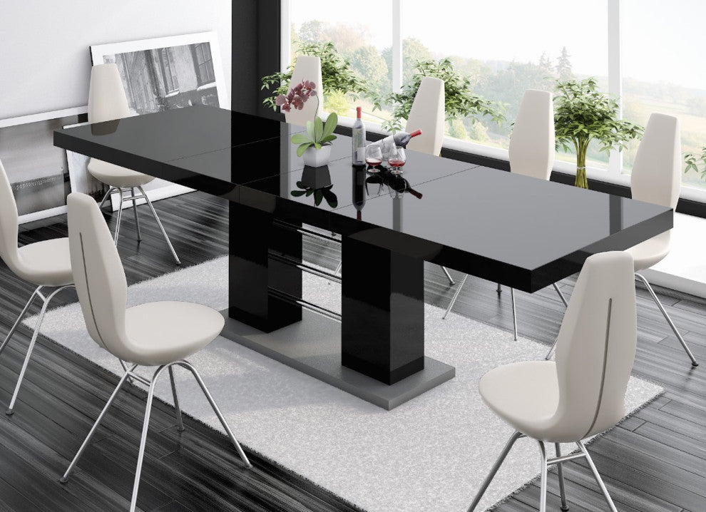 PINOSA High Gloss Dining Table with Extension, Black /Grey Base