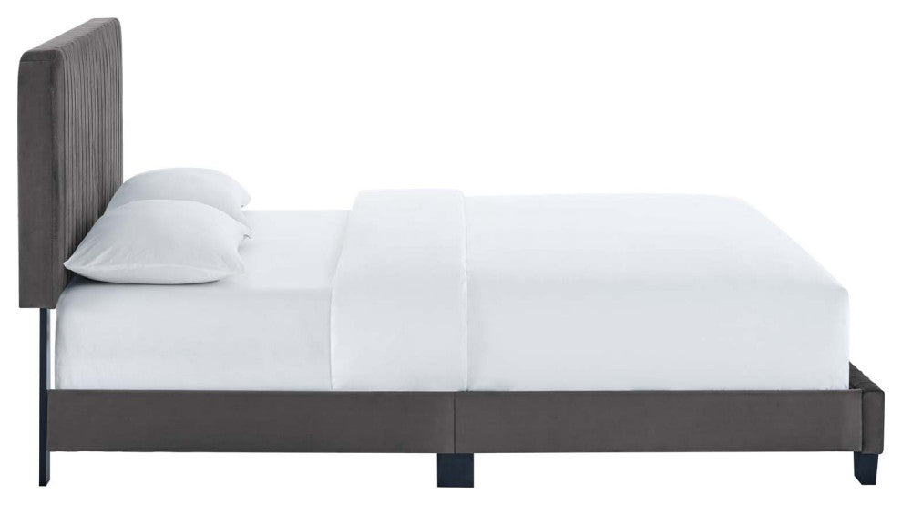 Tufted Platform Bed Frame, Twin Size, Velvet, Grey Gray, Modern Contemporary