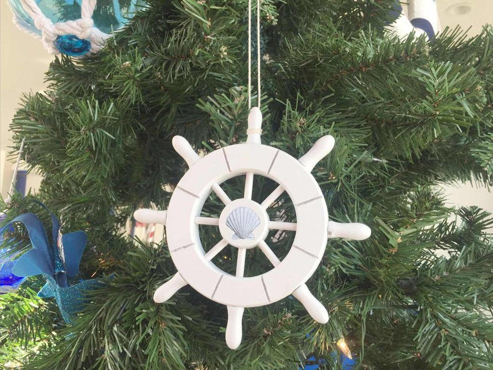 White Decorative Ship Wheel With Seashell Christmas Tree Ornament 6''