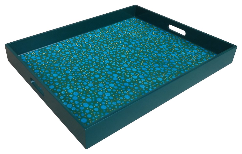 Reverse Painted Mirror Tray in Blue Bubbles, Large, Large