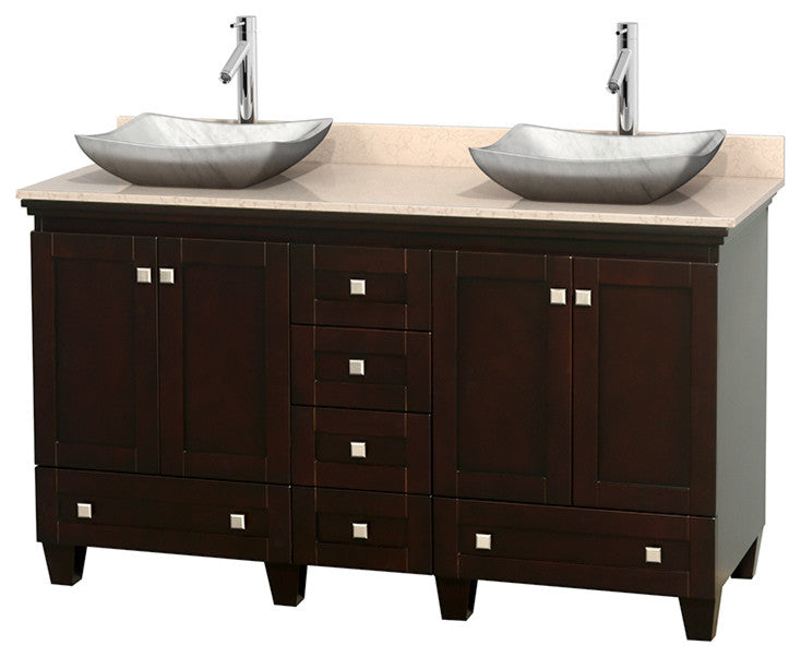 Acclaim Espresso Double Vanity, 60", Avalon White Carrera Marble, Ivory Marble