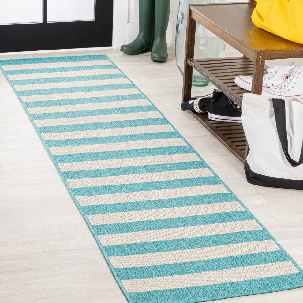 Negril Two-Tone Wide Stripe Indoor/Outdoor Area Rug, Aqua/Cream, 2x8