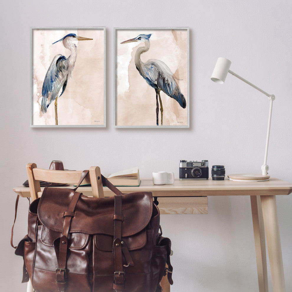 Beautiful Heron Birds Standing Watercolor Painting, 2pc, each 16 x 20