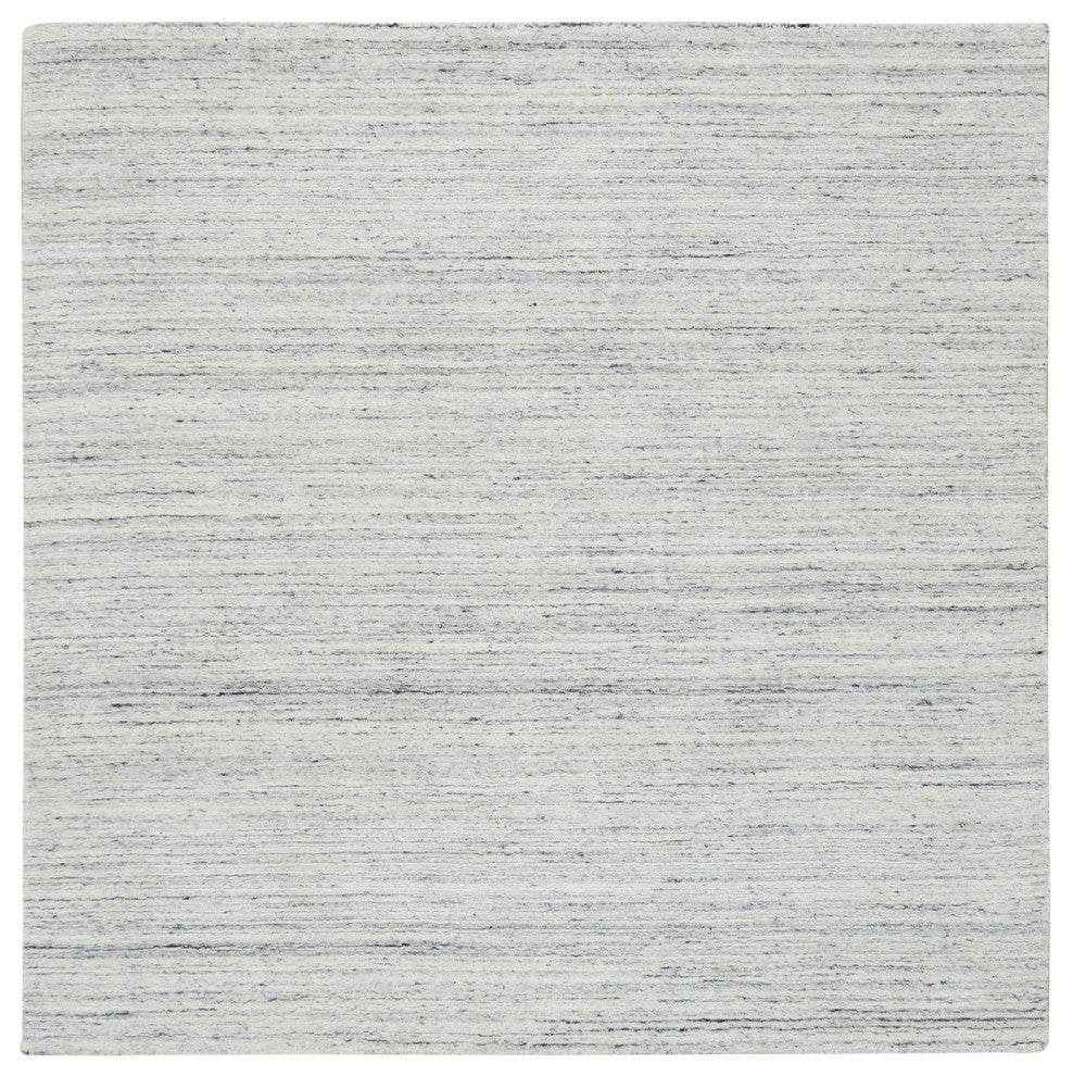 Ivory Soft Wool Hand Loomed Plain Modern Striped Design Square Rug, 6'0"x6'0"