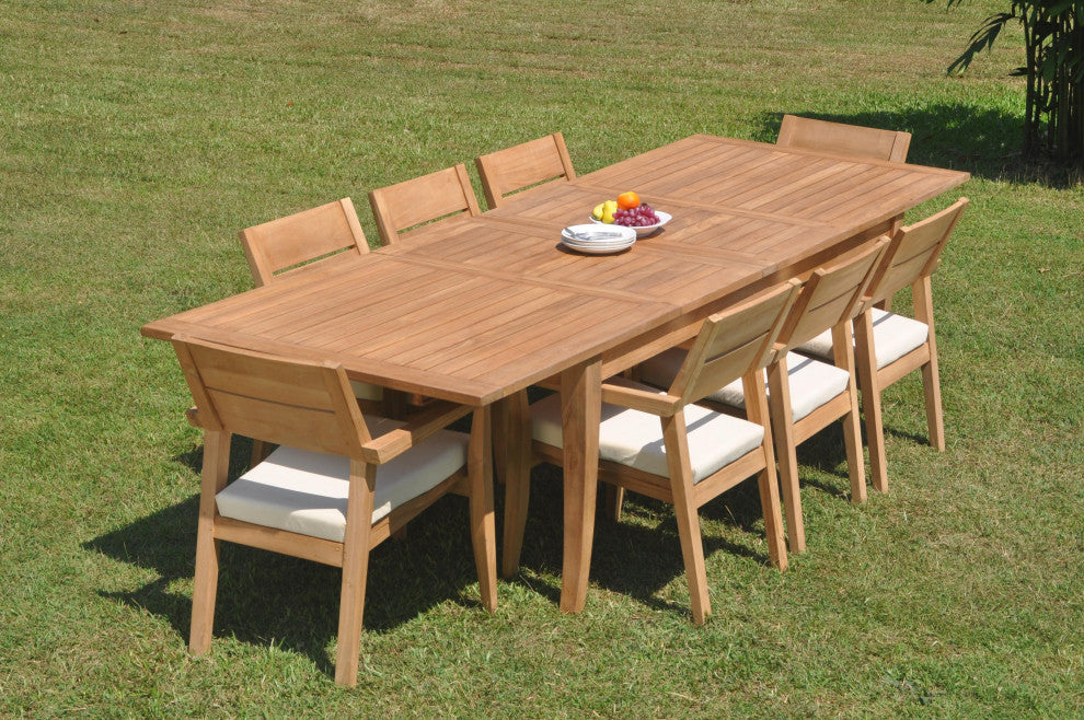 9-Piece Outdoor Teak Dining 122" X-Large Rectangle Table, 8 Celo Stacking Chairs