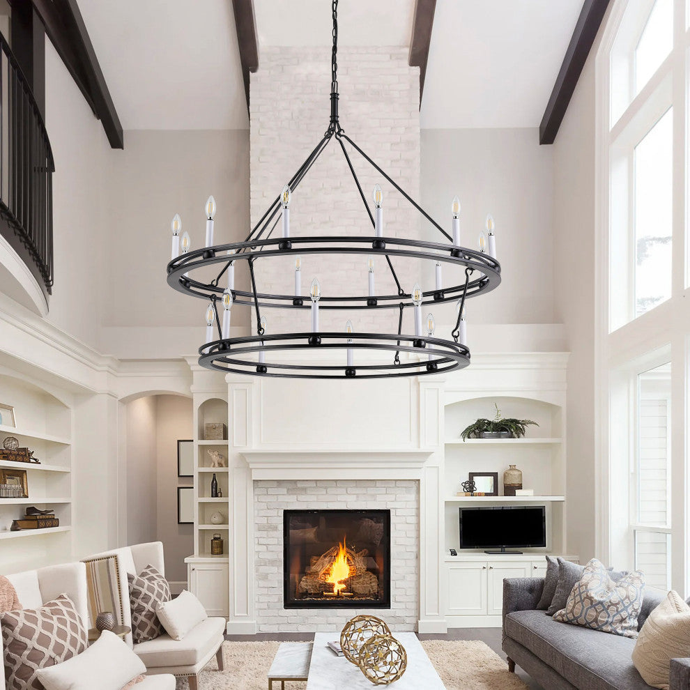 Matte Black 20-Lights Wagon Wheel Chandelier for Living Room